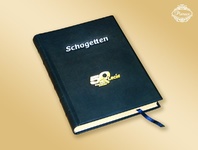 Księga pamiątkowa w skórzanej oprawie. Logo firmy Schogetten intarsjowane oraz jubileuszowe złocone. Format księgi B3. Piękna księga pamiątkowa, piękne książki ze skóry, ręcznie robione.