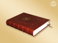 Księga pamiątkowa z papieru czerpanego oprawiona w skórę. Duży format B3, ręcznie szyta, logo tłoczone na złoto.
