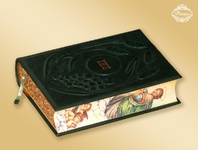 Wyjątkowa oprawa biblii w skórę butelkowozieloną, format zeszytowy, reliefowe ornamenty oraz napis tłoczony miedzianym złotem IHS.